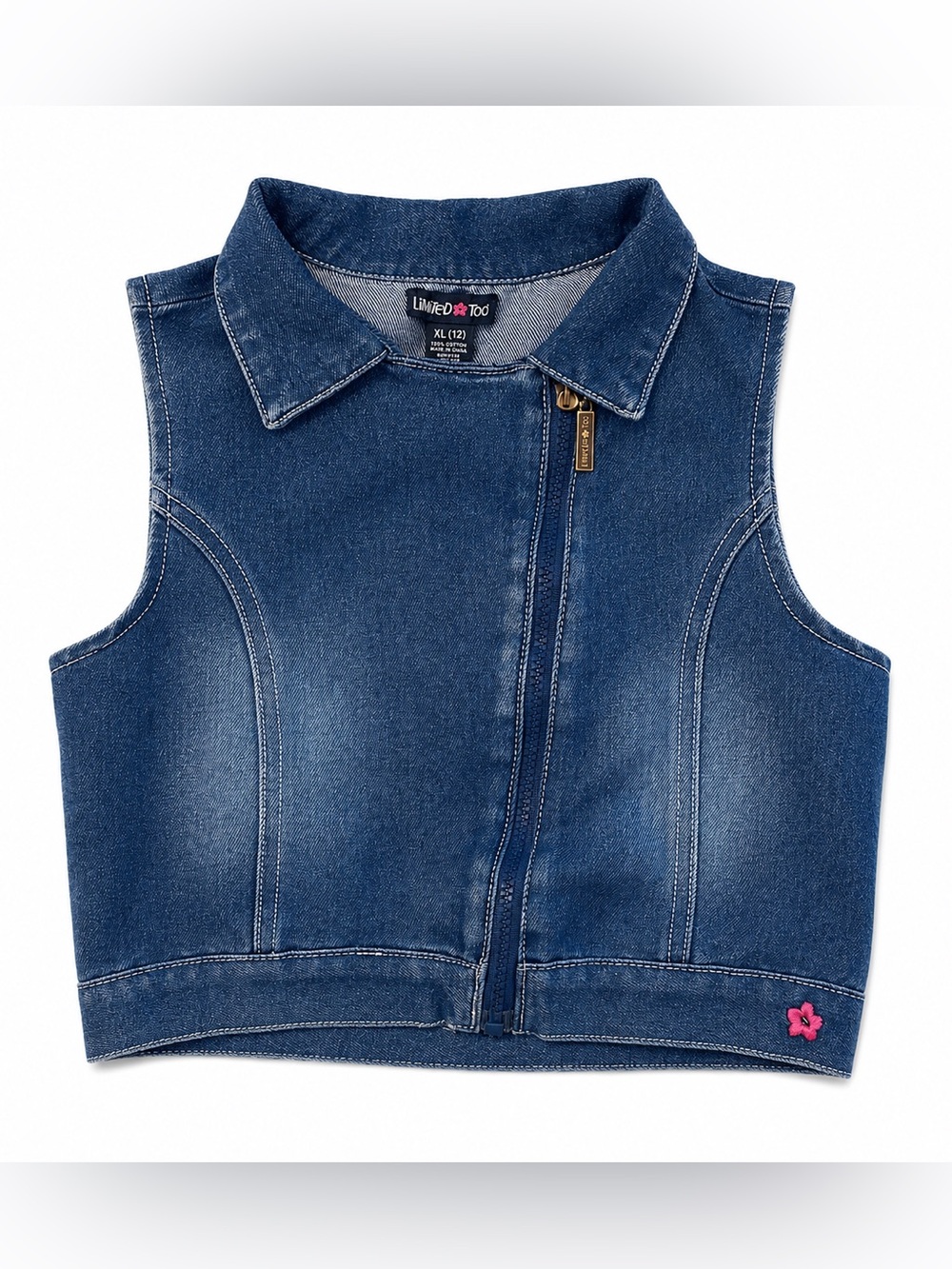 Limited Too Dark Blue Denim Zip Vest with Pink Flower Accent